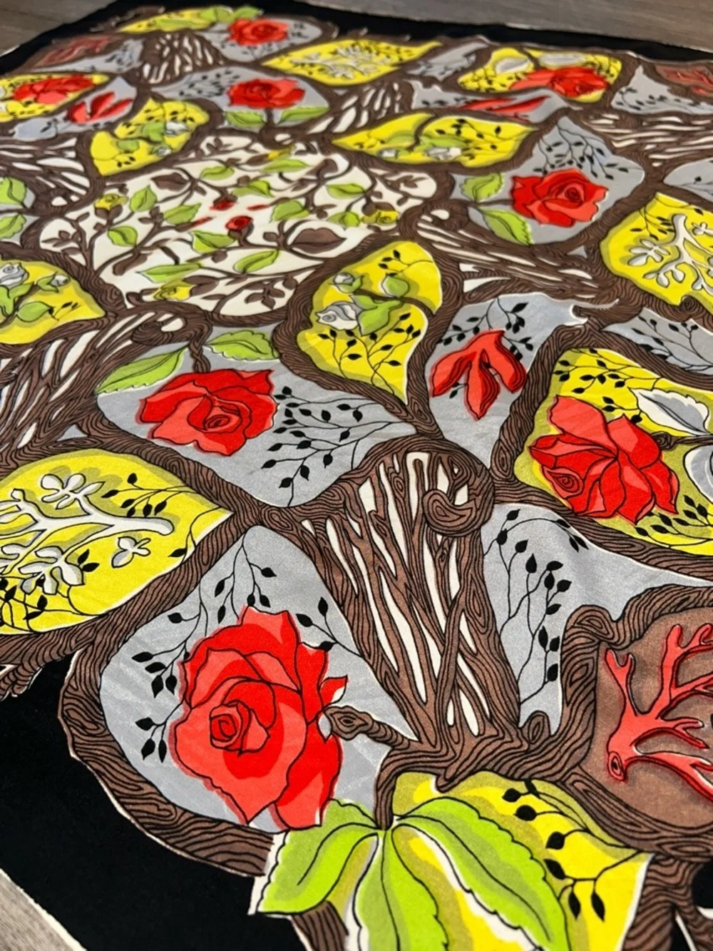 Vintage Glentex Silk Scarf Floral Tree Roses Hand Rolled 33”